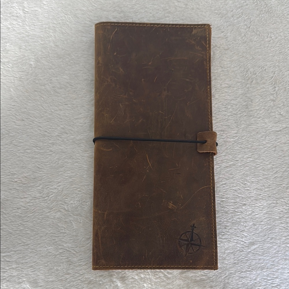 Vintage Brown Leather Travel Wallet/Passport Holder with Compass Design